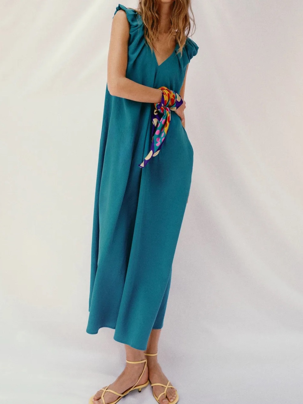 Zara NWT / Sz Small / Teal V-Neck Flutter Sleeve Maxi Dress - Picture 4 of 11